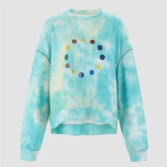 New CIDER Blue Tie Dye Smiley Face Crew Neck Reflective Piping Sweatshirt